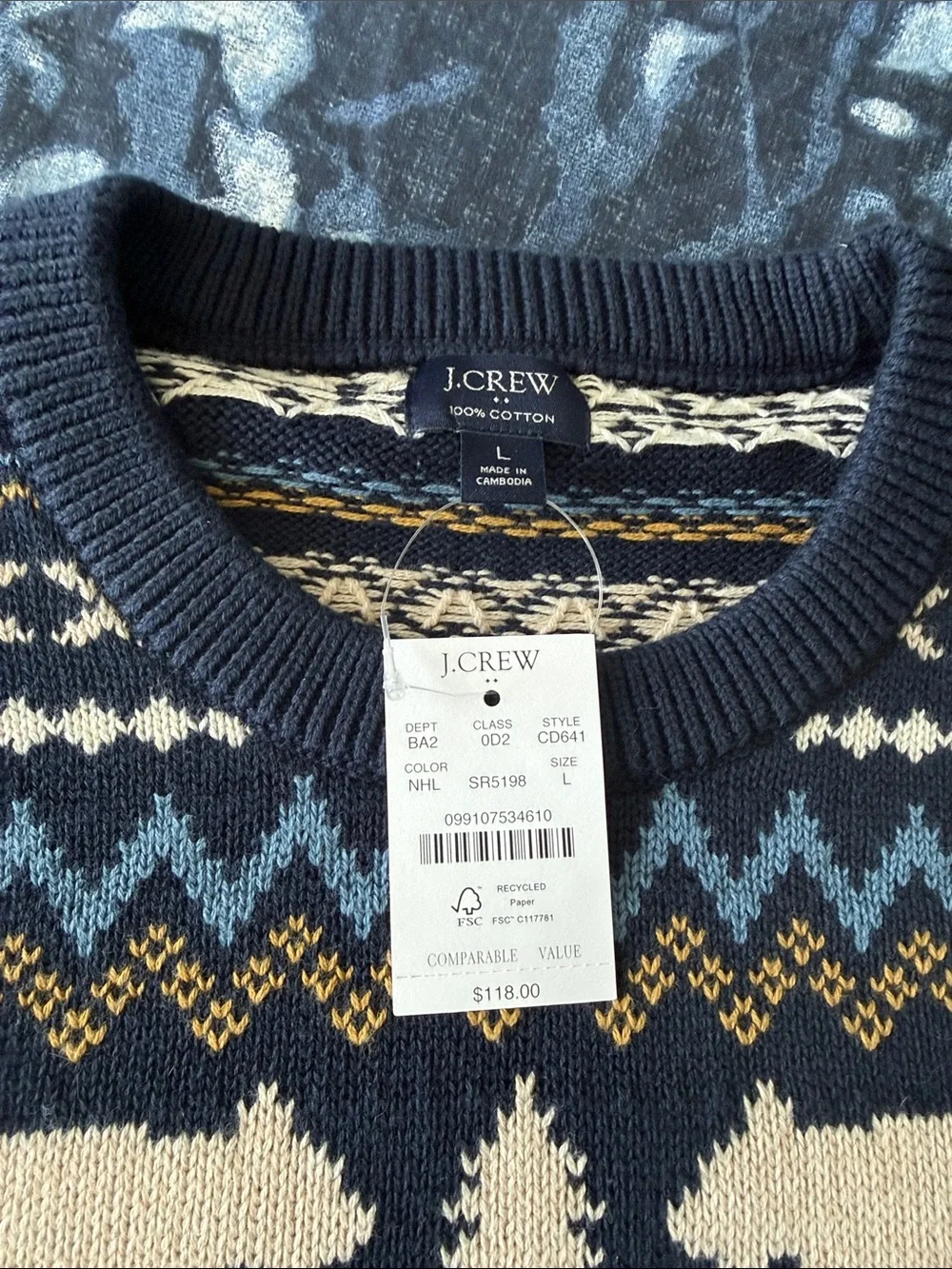 J. Crew Men’s Navy Crewneck Sweater with Cream Bear Fair Isle Size L